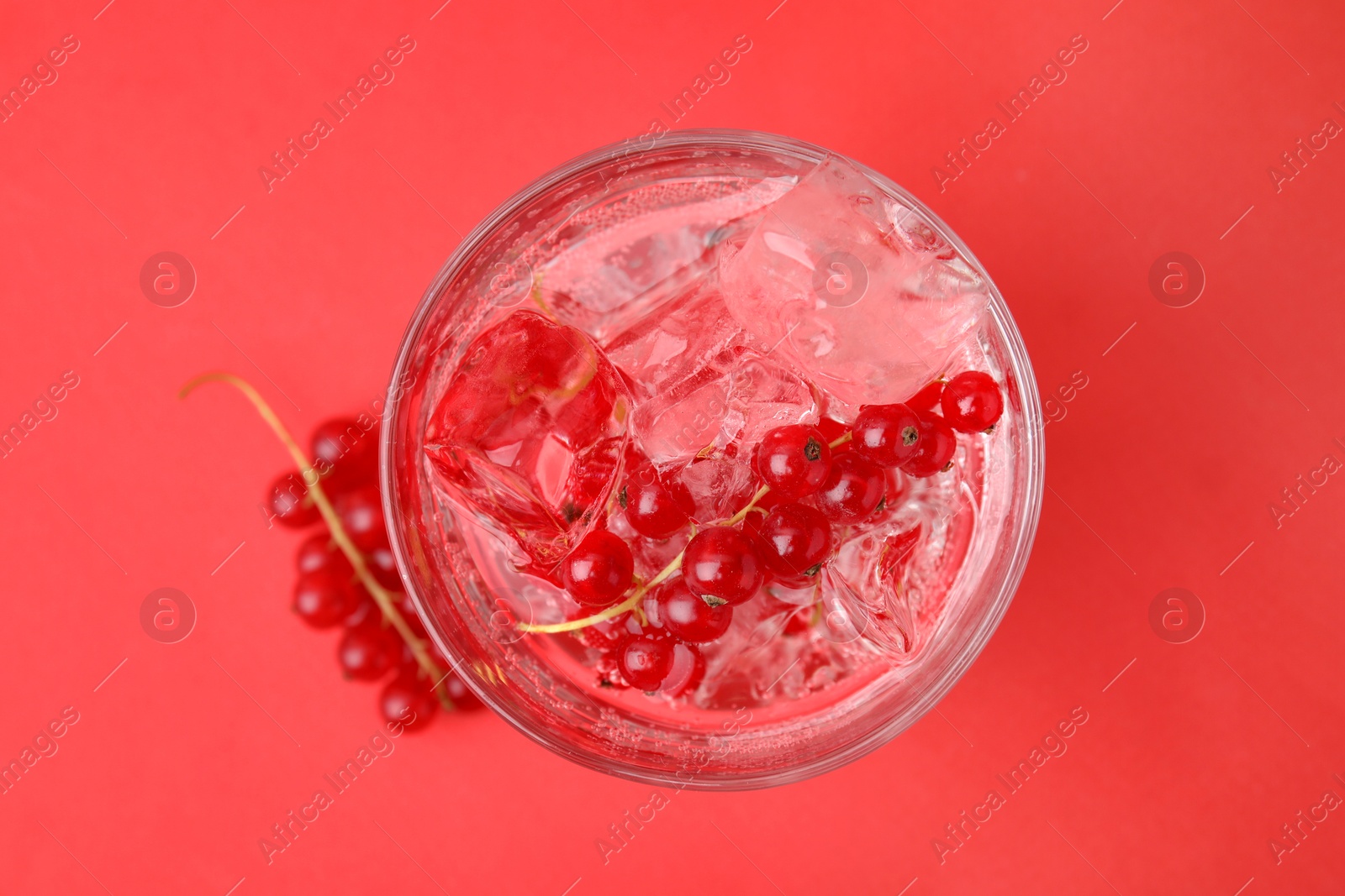 Photo of Refreshing water with red currants and mint in glass on red background, top view