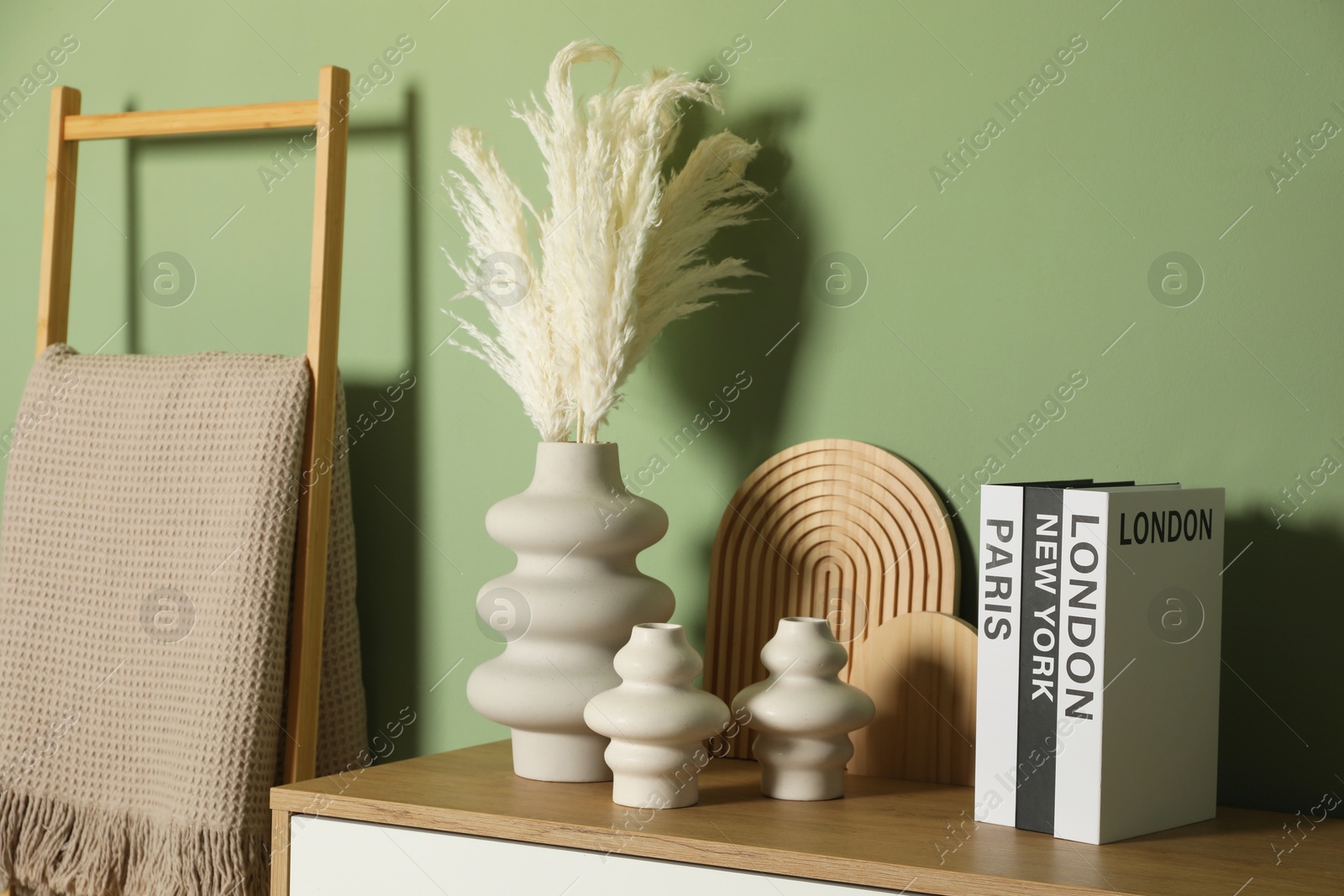 Photo of Beautiful decorative plants, vases, wooden boards and hardcover books with different cities names on chest of drawers near green wall indoors