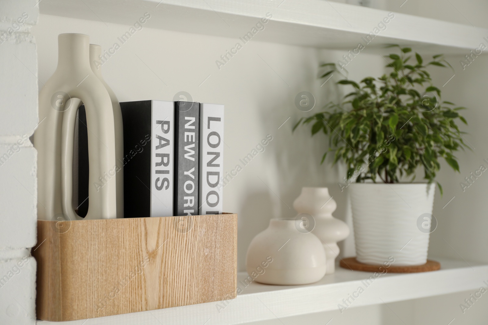 Photo of Ceramic vases, books and houseplant on shelving unit