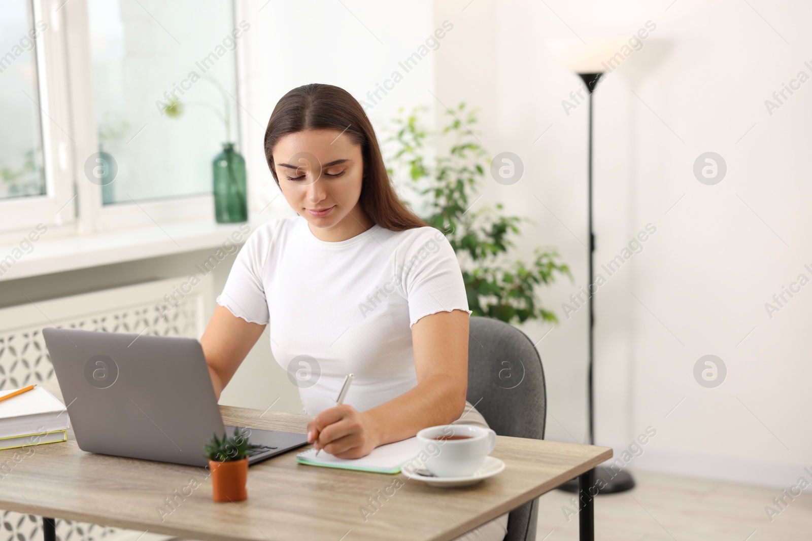 Photo of Student studying with laptop at wooden table indoors