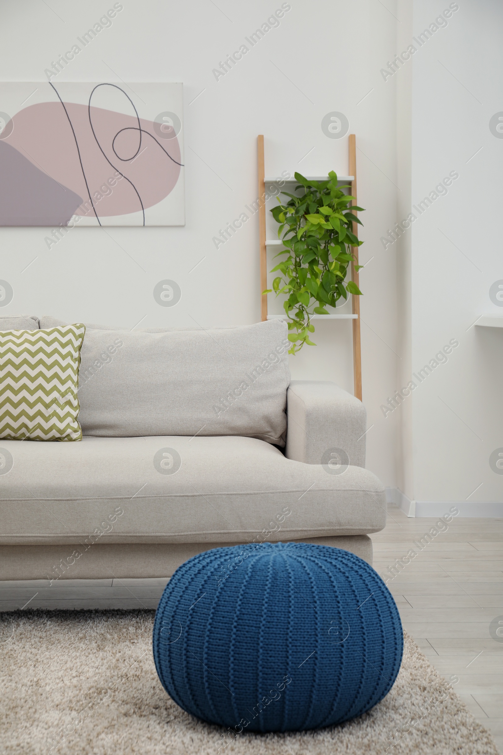 Photo of Stylish room interior with comfortable sofa and houseplant