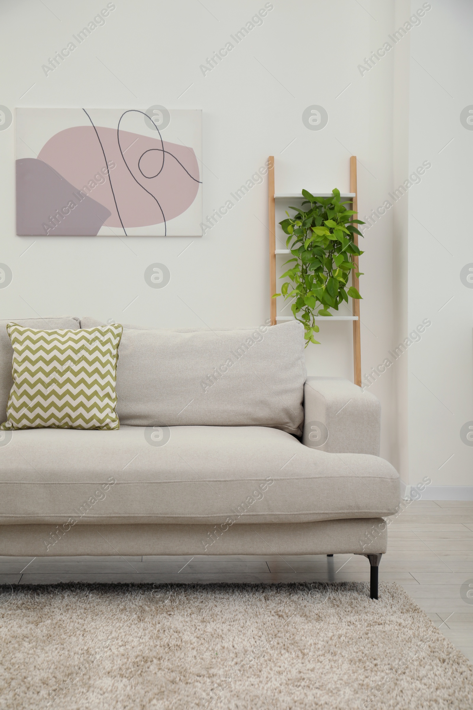 Photo of Stylish room interior with comfortable sofa and houseplant