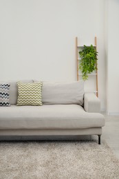 Photo of Stylish room interior with comfortable sofa and houseplant