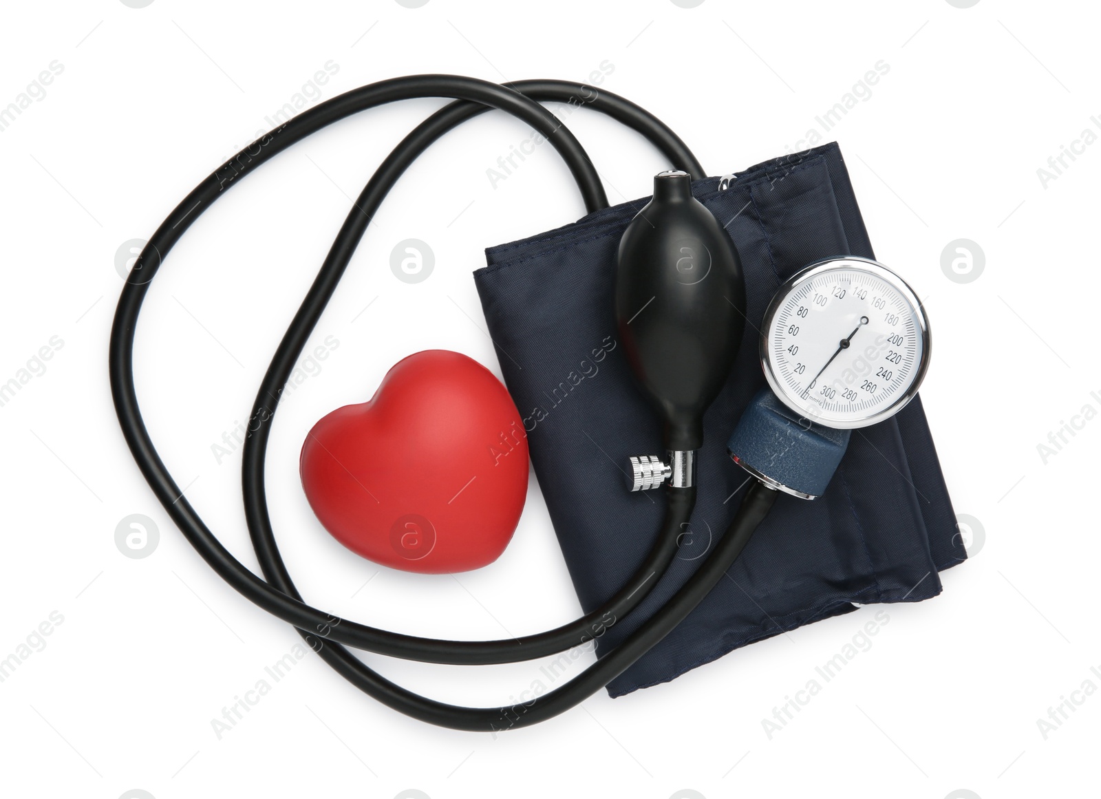 Photo of Blood pressure measuring device and red decorative heart isolated on white, top view