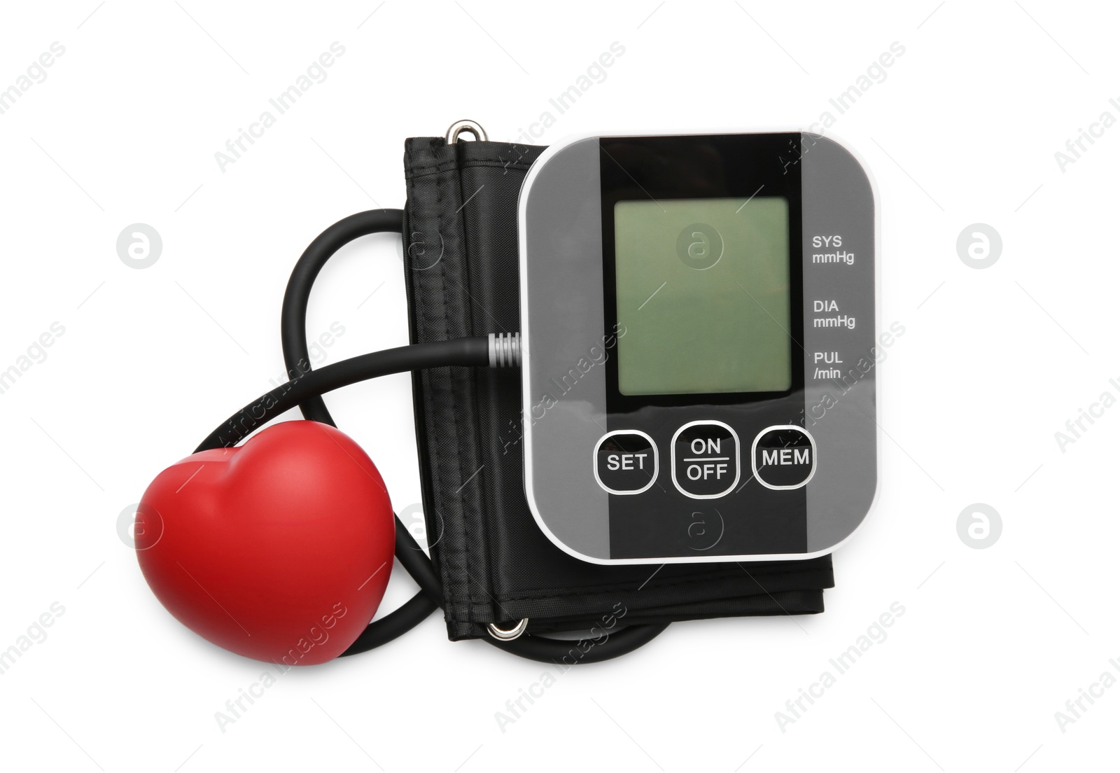 Photo of Blood pressure monitor and red decorative heart isolated on white, top view