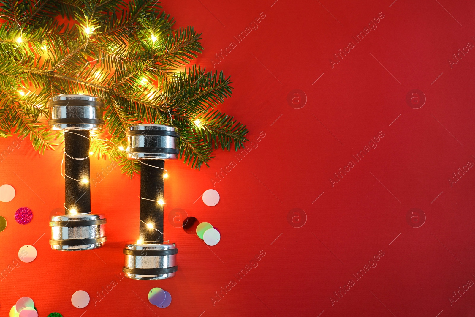 Photo of Dumbbells and fir tree branches with Christmas lights on red background, flat lay. Space for text