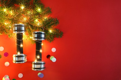 Photo of Dumbbells and fir tree branches with Christmas lights on red background, flat lay. Space for text