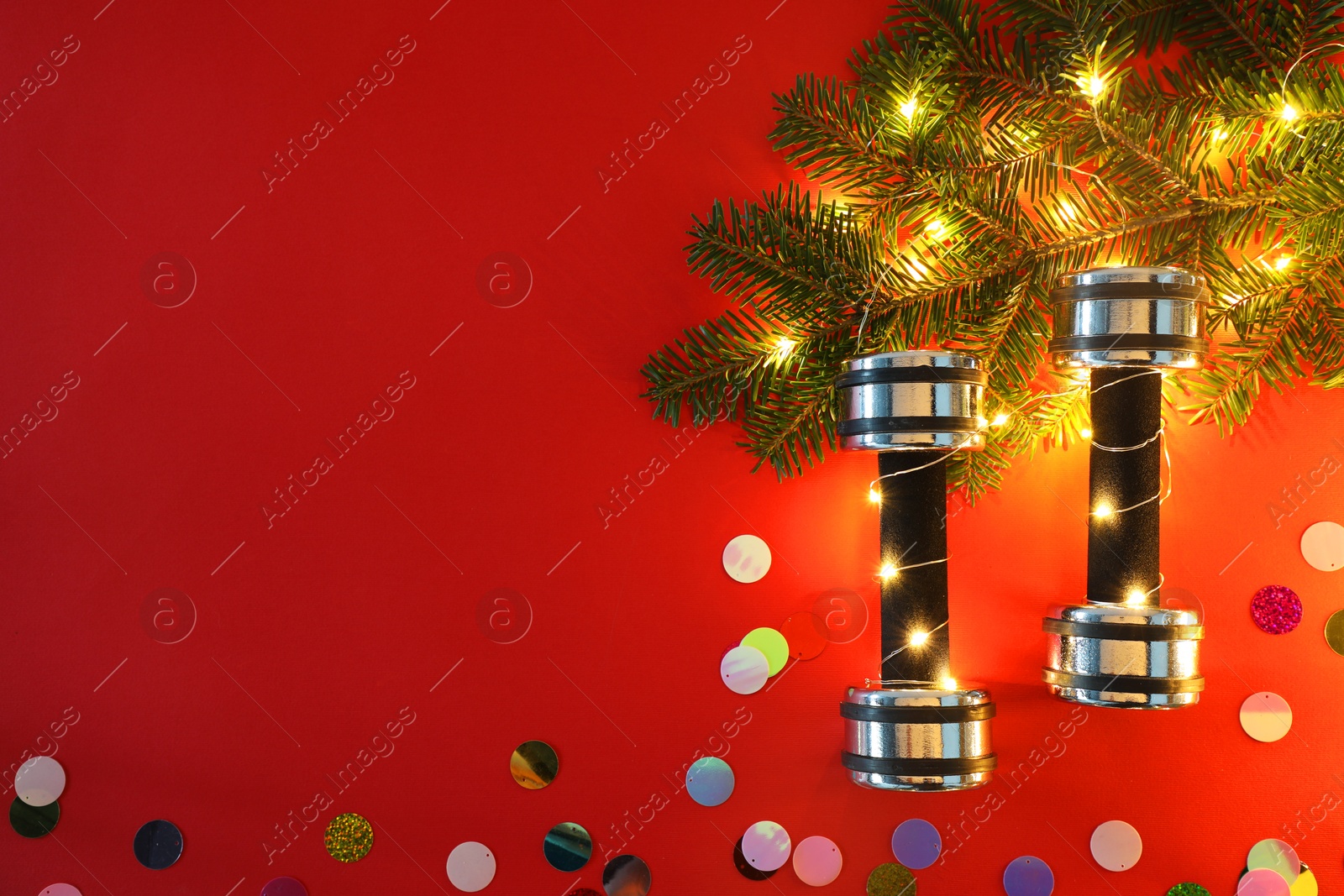 Photo of Dumbbells and fir tree branches with Christmas lights on red background, flat lay. Space for text