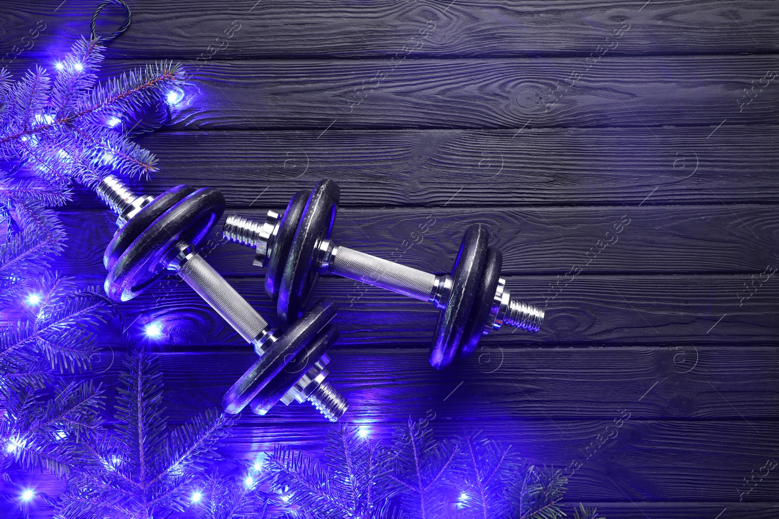 Photo of Dumbbells, fir tree branches and Christmas lights on wooden table, flat lay. Space for text