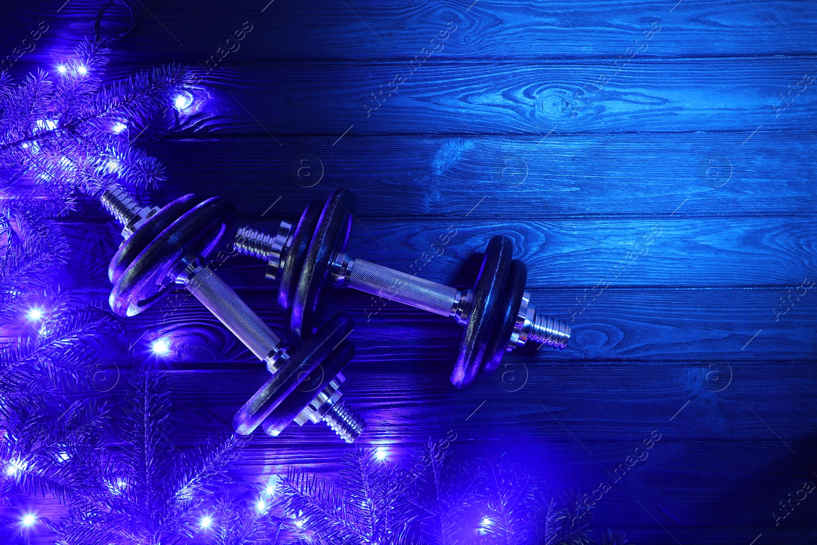 Photo of Dumbbells, fir tree branches and Christmas lights on wooden table, flat lay. Space for text