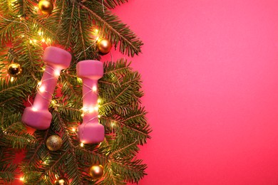 Photo of Dumbbells, fir tree branches and Christmas lights on bright pink background, top view. Space for text