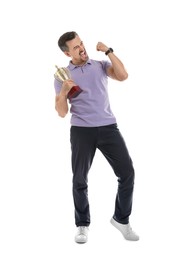 Photo of Happy winner with golden trophy cup on white background