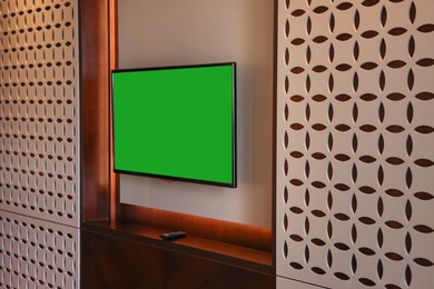 Photo of Tv set mounted on wall in room