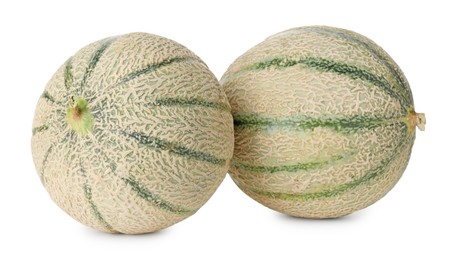 Photo of Two whole Cantaloupe melons isolated on white