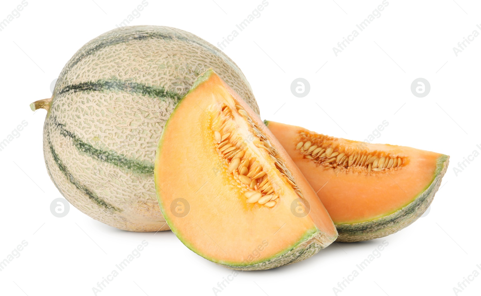 Photo of Tasty ripe Cantaloupe melons isolated on white