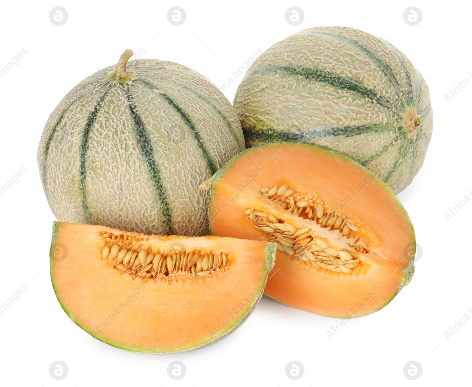 Photo of Tasty ripe Cantaloupe melons isolated on white