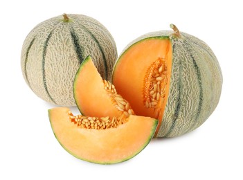 Photo of Tasty ripe Cantaloupe melons isolated on white