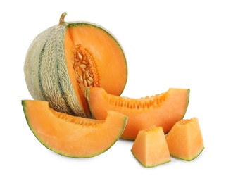 Photo of Tasty cut Cantaloupe melon isolated on white