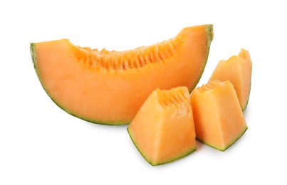 Photo of Pieces of Cantaloupe melon isolated on white