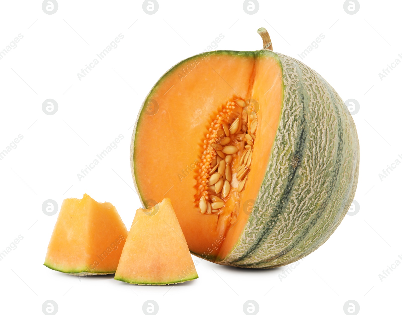 Photo of Tasty cut Cantaloupe melon isolated on white