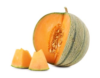 Photo of Tasty cut Cantaloupe melon isolated on white