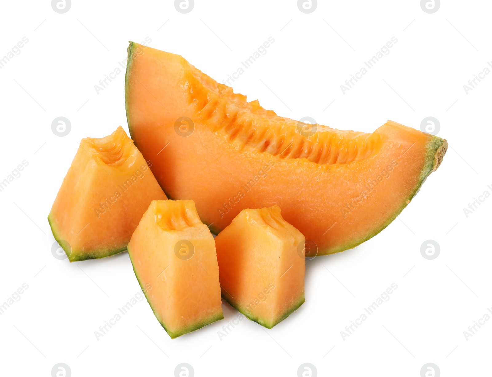 Photo of Pieces of Cantaloupe melon isolated on white