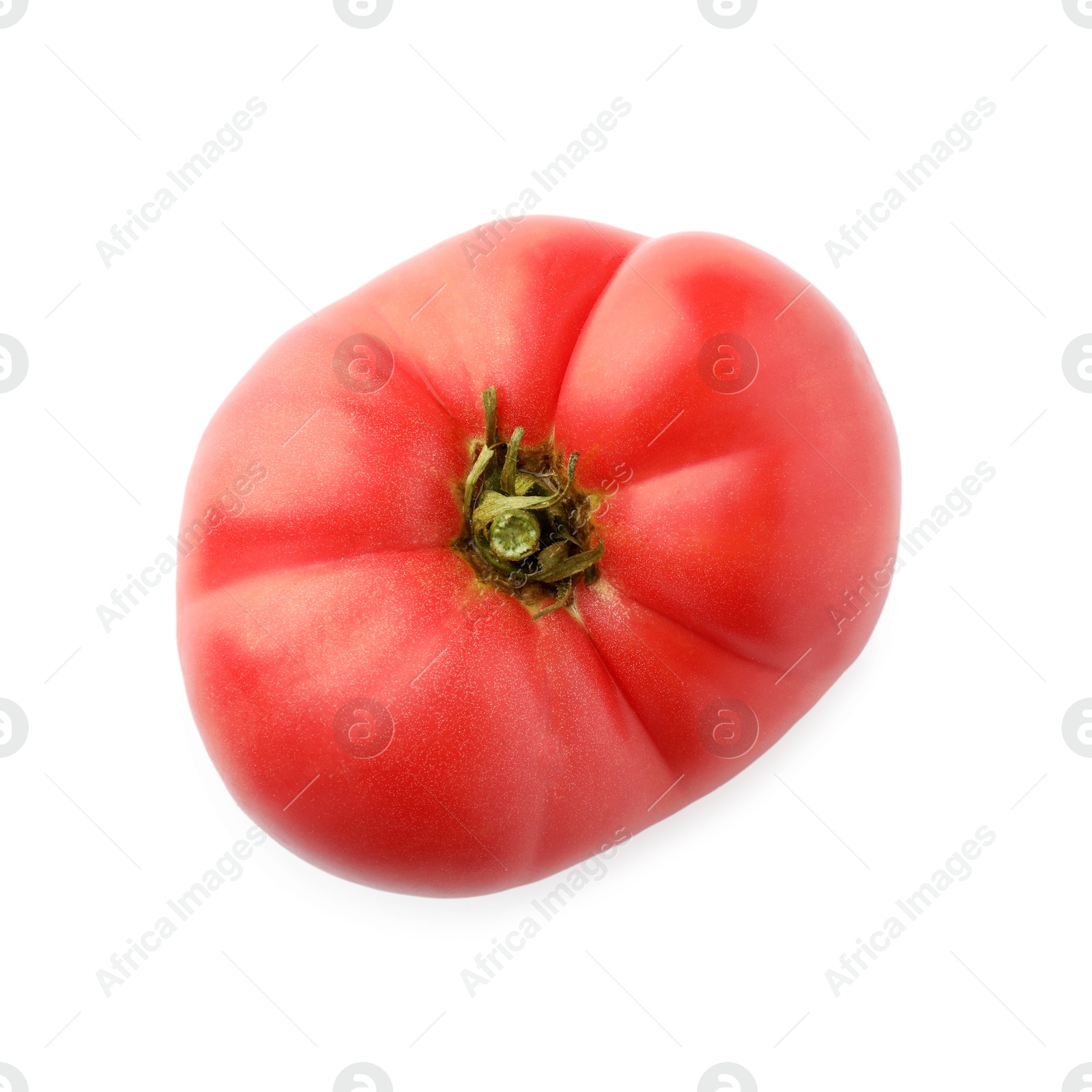 Photo of Fresh ripe pink tomato isolated on white, top view