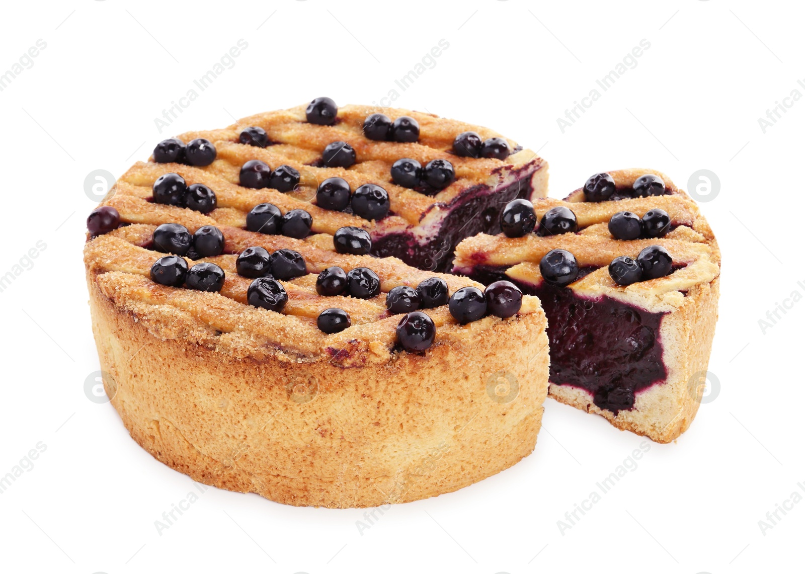 Photo of Cut homemade blueberry pie isolated on white