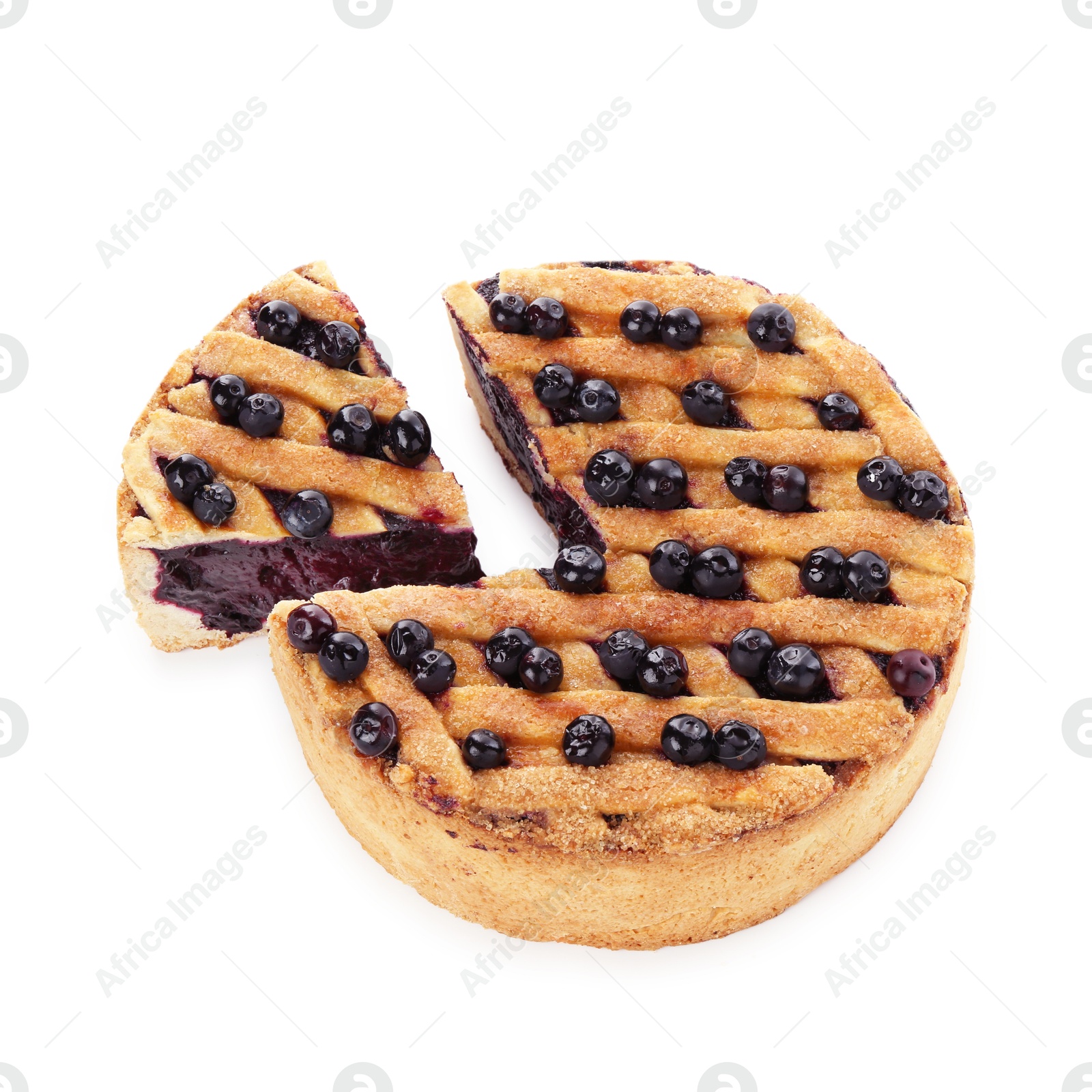 Photo of Cut homemade blueberry pie isolated on white