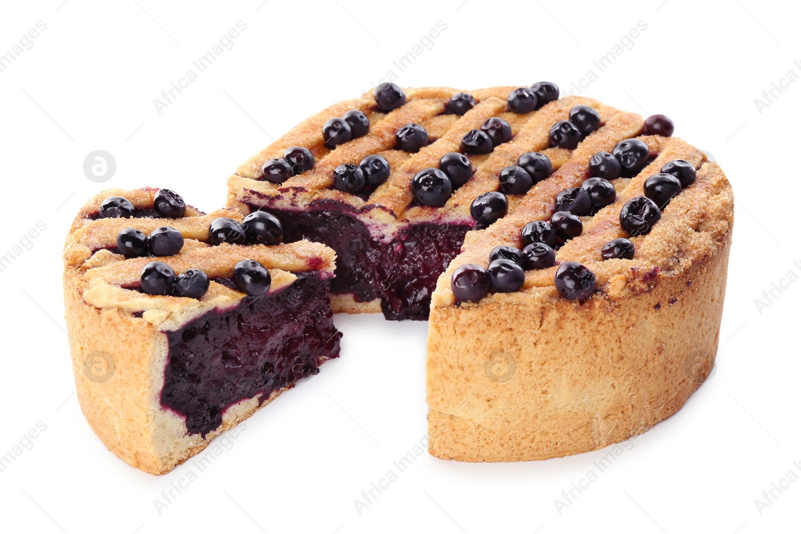 Photo of Cut homemade blueberry pie isolated on white