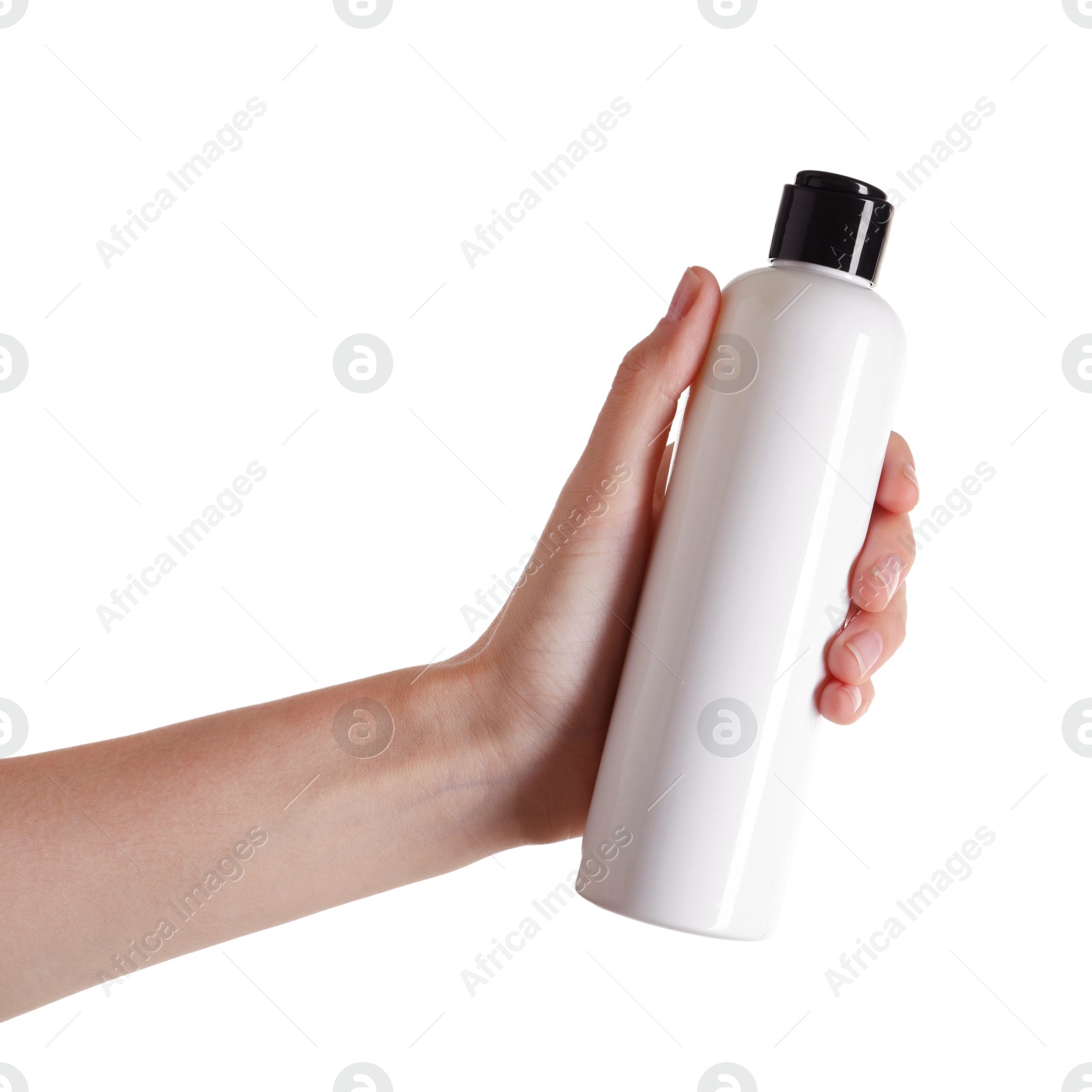 Photo of Woman with shampoo bottle on white background, closeup