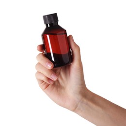 Photo of Woman with shampoo bottle on white background, closeup