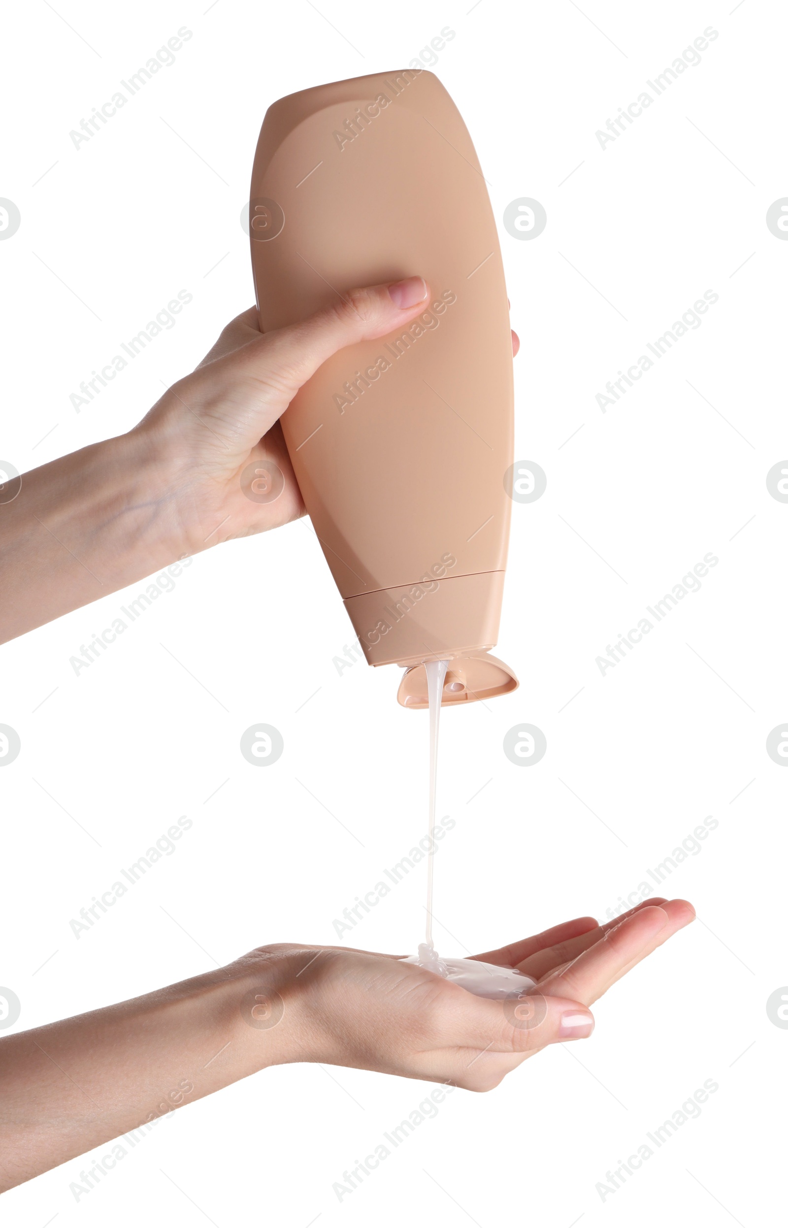 Photo of Woman pouring shampoo onto hand on white background, closeup