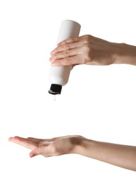 Photo of Woman pouring shampoo onto hand on white background, closeup