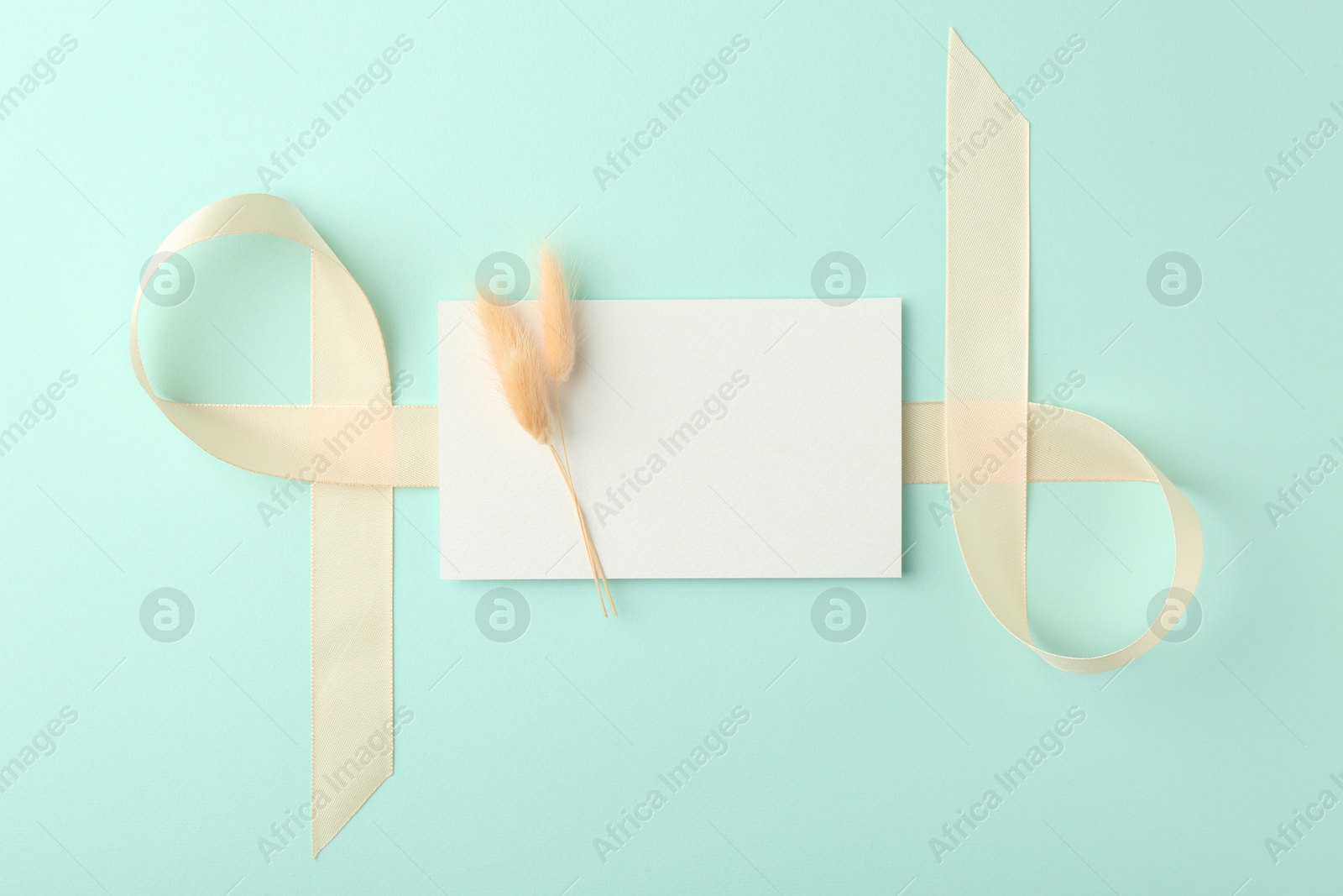 Photo of Blank card, spikelets and ribbon on turquoise background, top view