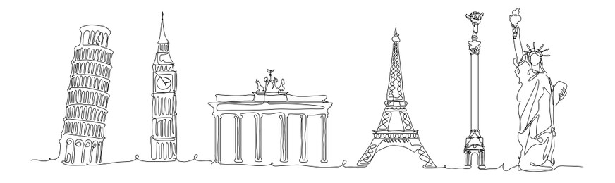 Illustration of Sketch of famous landmarks on white background. Banner design