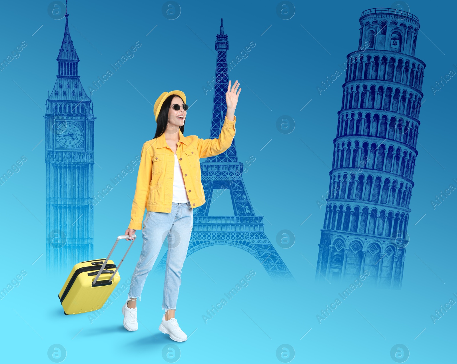 Image of Happy young woman with suitcase greeting someone on light blue gradient background. Illustrations of famous landmarks