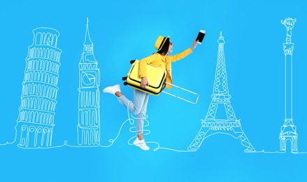 Happy young woman with suitcase, passport and ticket among illustration of famous landmarks on light blue background