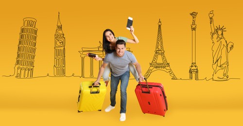 Image of Happy couple with suitcases, passports and tickets on orange background. Illustration of famous landmarks behind woman and man. Banner design