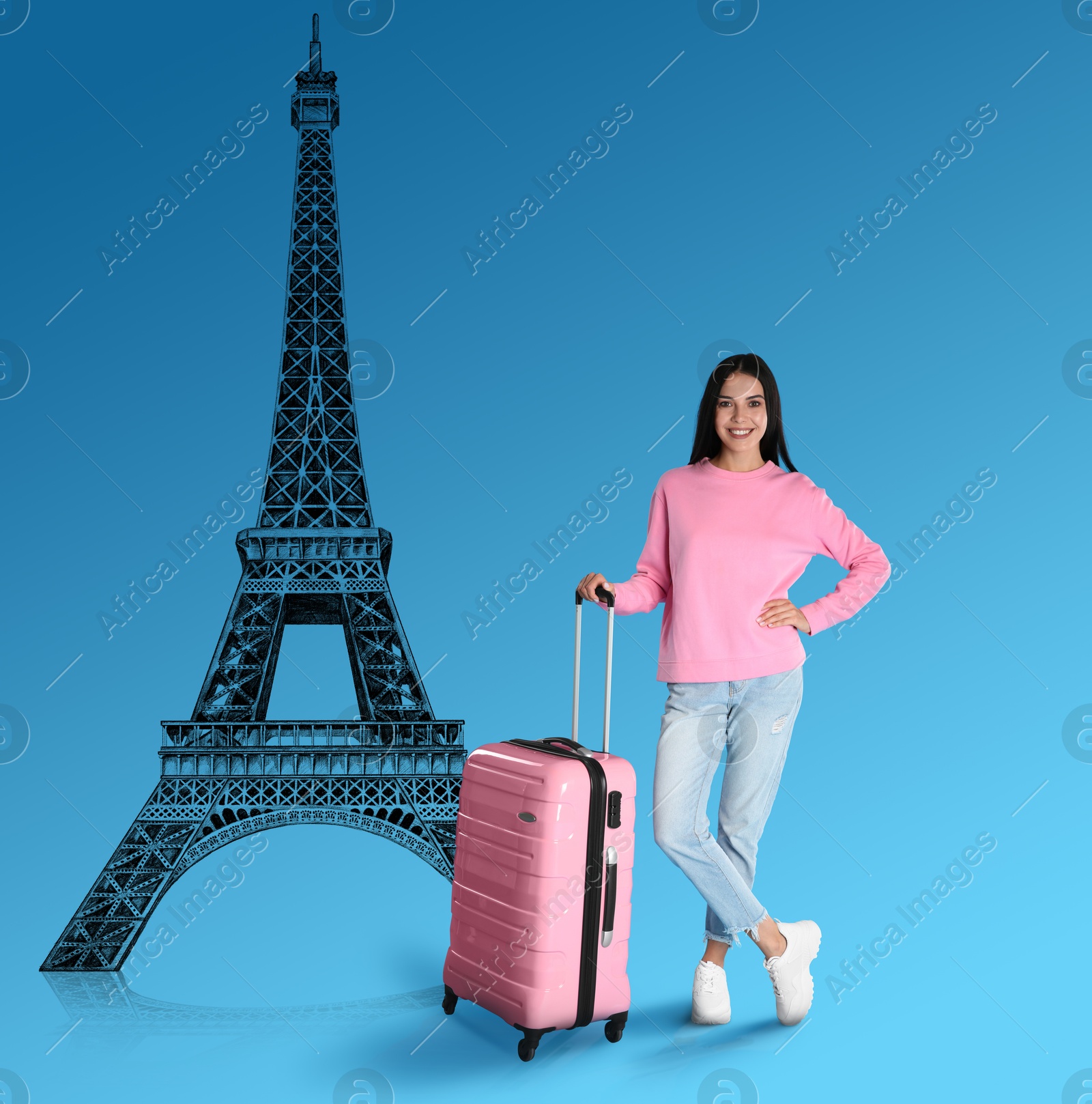 Image of Happy young woman with suitcase near Illustration of Eiffel Tower on light blue background