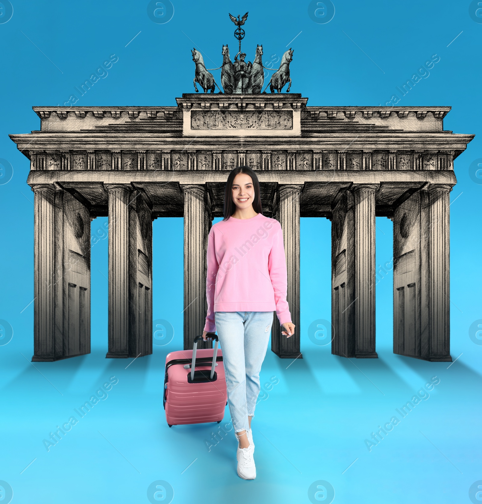 Image of Happy young woman with suitcase going away from Brandenburg Gate on light blue background. Illustration of famous landmark