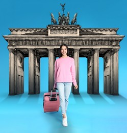 Image of Happy young woman with suitcase going away from Brandenburg Gate on light blue background. Illustration of famous landmark