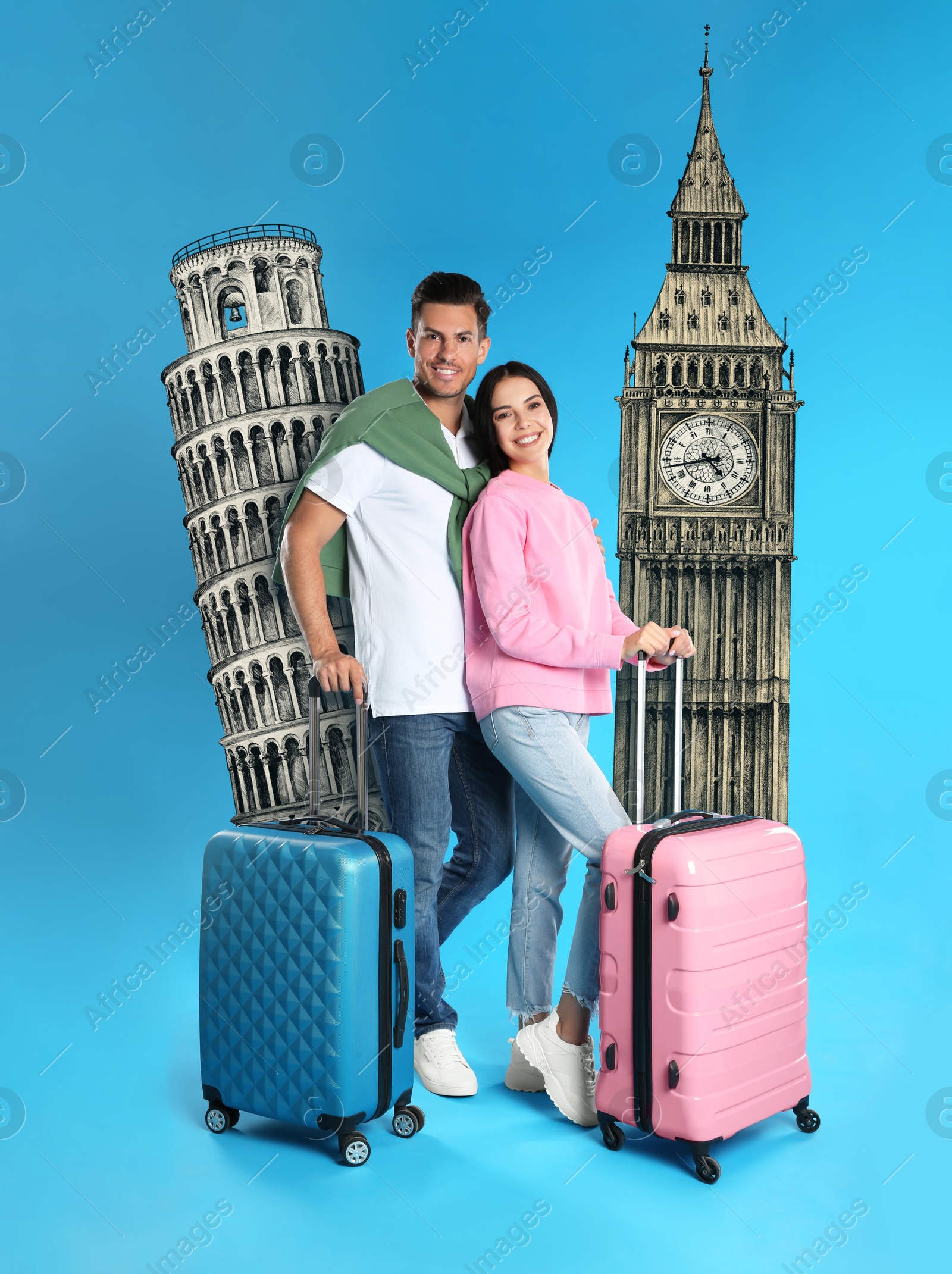 Image of Happy couple with suitcases near Leaning Tower of Pisa and Big Ben on light blue background. Illustrations of famous landmarks