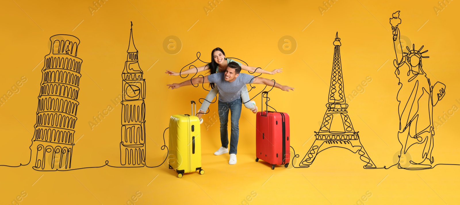 Image of Happy couple with suitcases among illustration of famous landmarks on orange background. Banner design