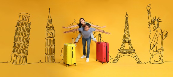 Image of Happy couple with suitcases among illustration of famous landmarks on orange background. Banner design