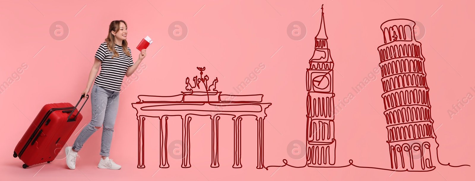 Image of Happy young woman with suitcase, passport and tickets looking at illustration of famous landmarks on pink background. Banner design