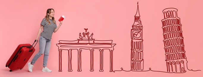 Happy young woman with suitcase, passport and tickets looking at illustration of famous landmarks on pink background. Banner design