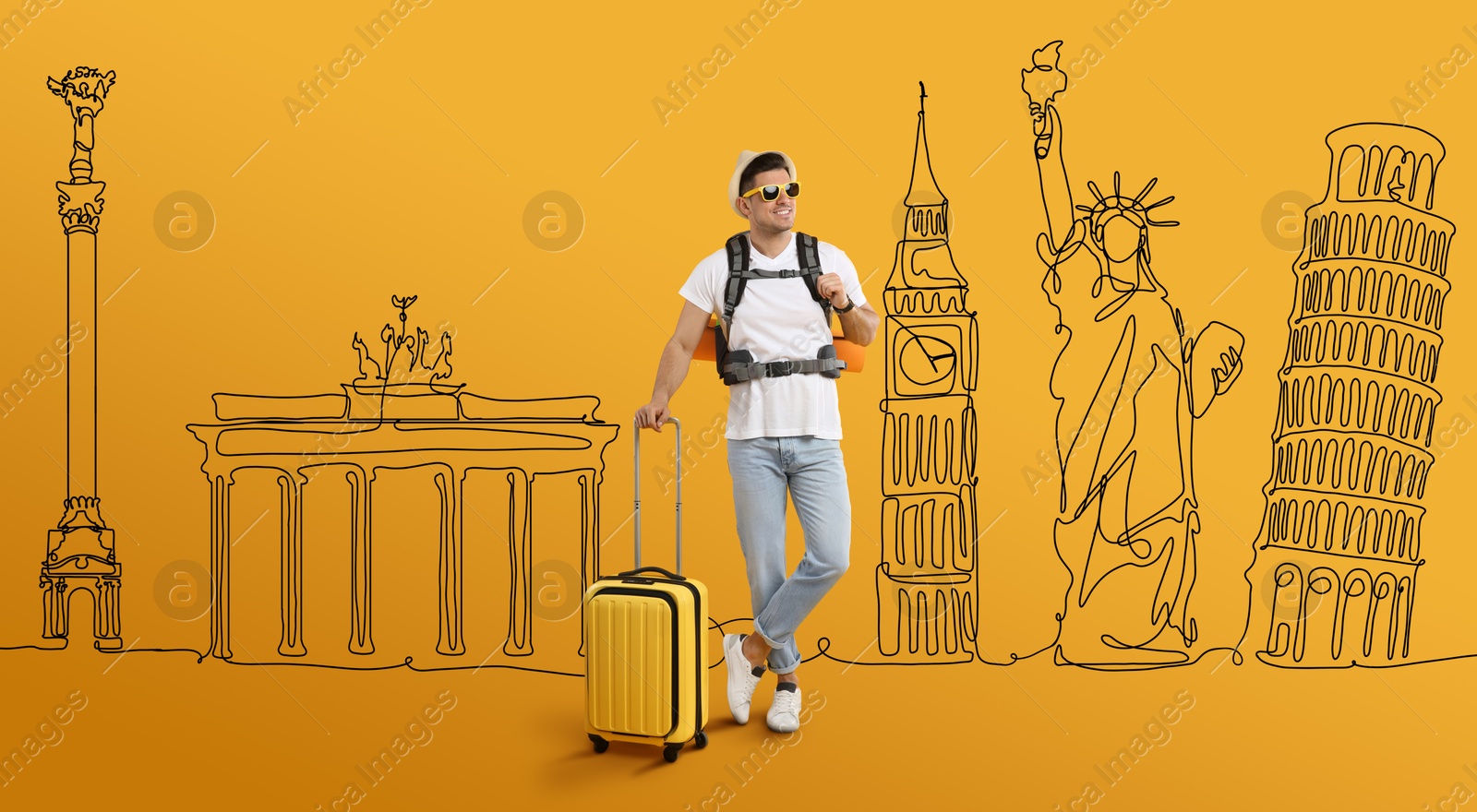 Image of Happy man with backpack and suitcase on orange background. Illustration of famous landmarks behind him. Banner design