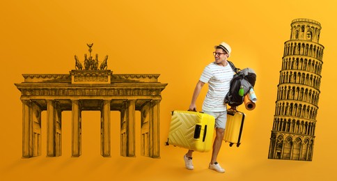 Image of Happy man with backpack and suitcases on orange background. Illustrations of Brandenburg Gate and Leaning Tower of Pisa. Banner design