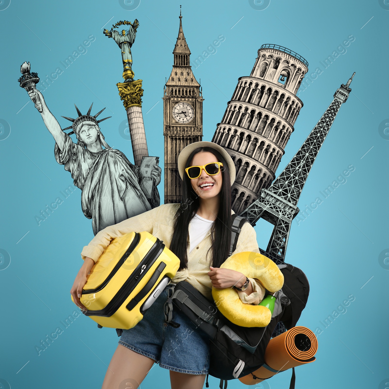 Image of Happy woman with suitcase and travel accessories on light blue background. Illustrations of famous landmarks behind her